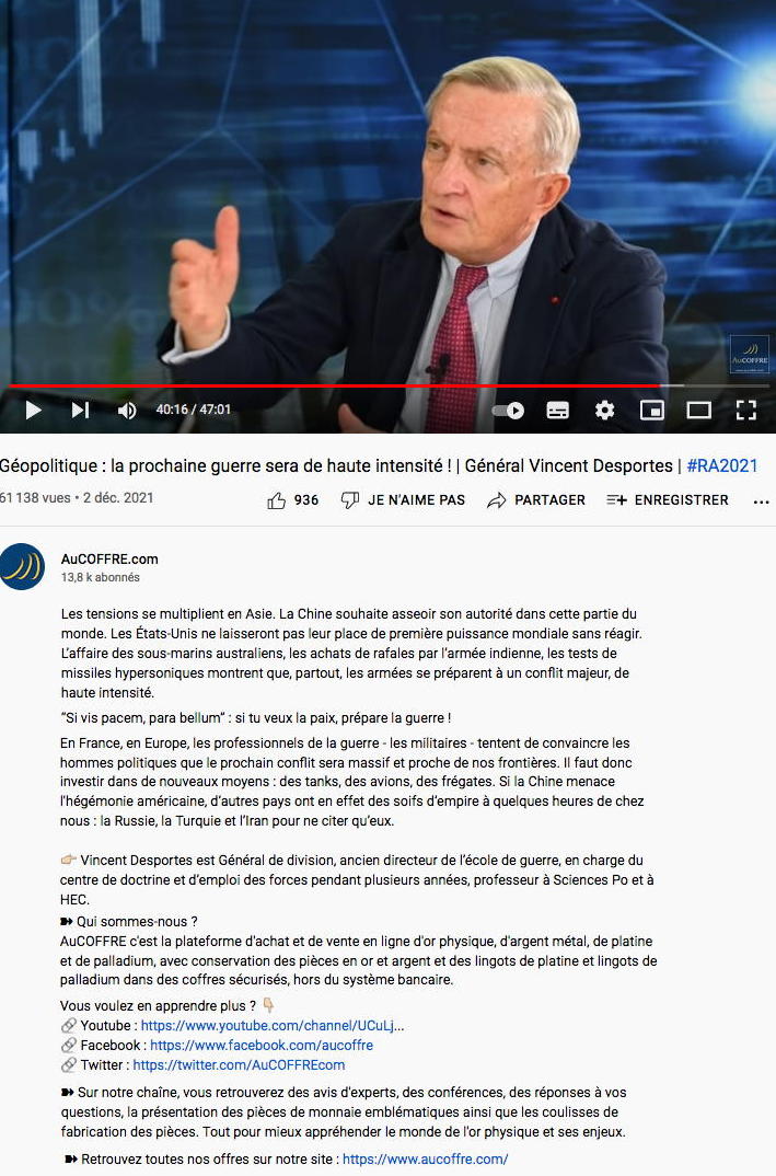 Page Internet. Géopolitique - la prochaine guerre sera de haute intensité. Interview du Général Vincent Desportes. 2021-12-02